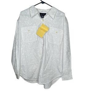 New Denim & co womens Eyelet button front shirt 1X white L/S BNWT